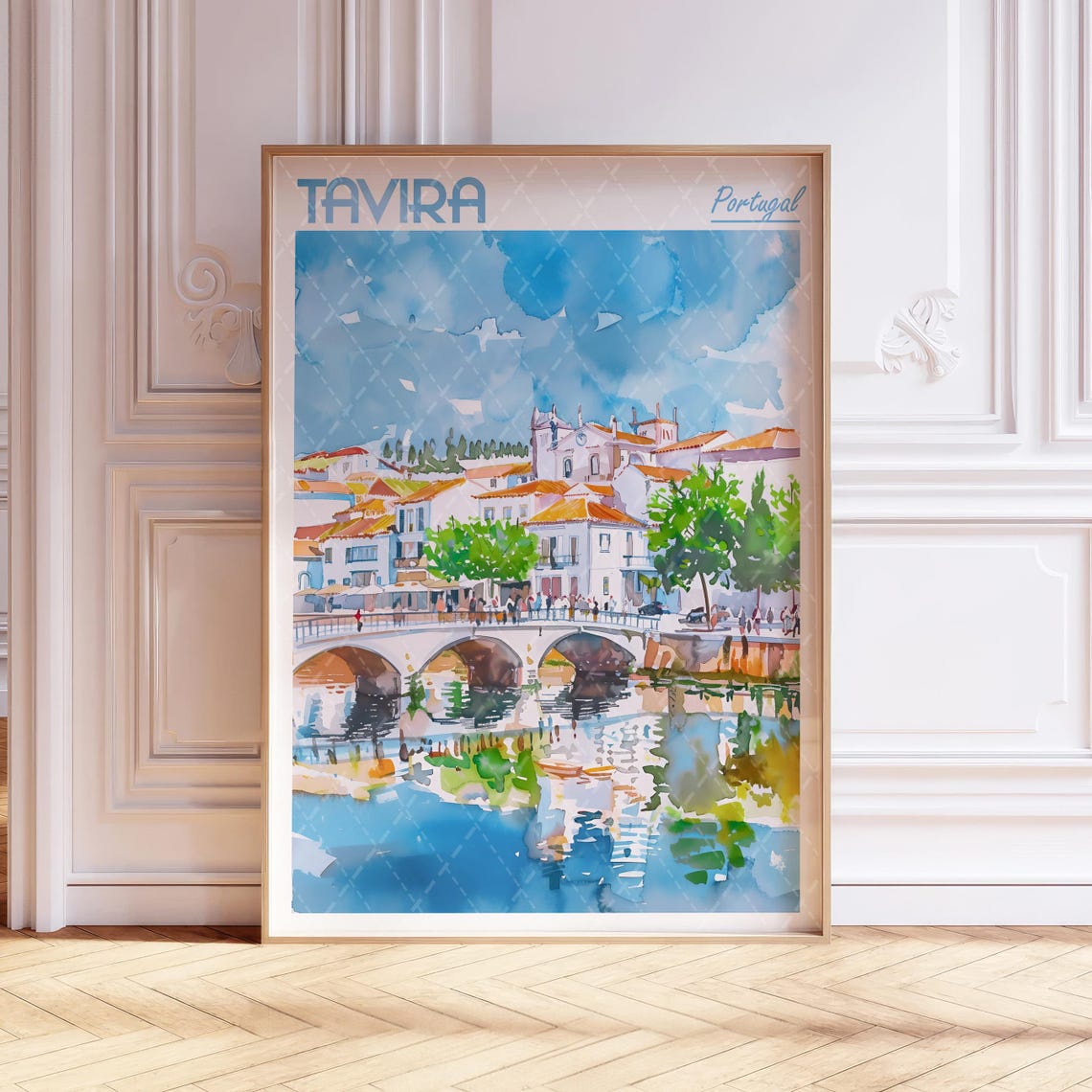 Tavira Portugal Old Riverside Bridge Watercolor Travel Poster