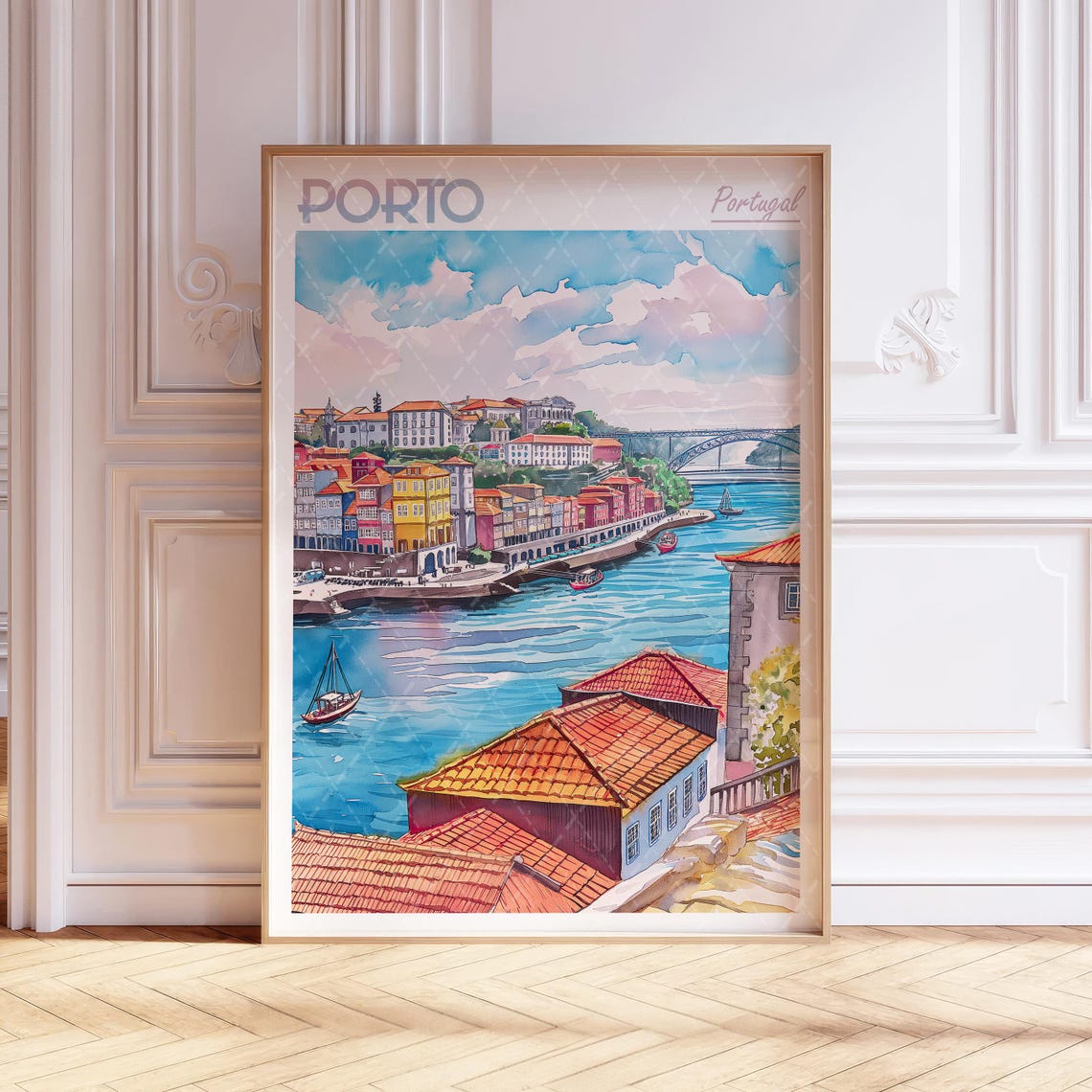 Porto Portugal Travel Poster Riverside Old Town Douro Watercolor View