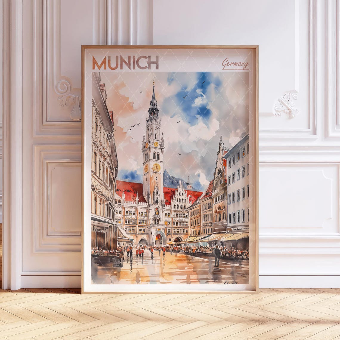 Munich Germany Marienplatz Watercolor Cityscape Travel Poster