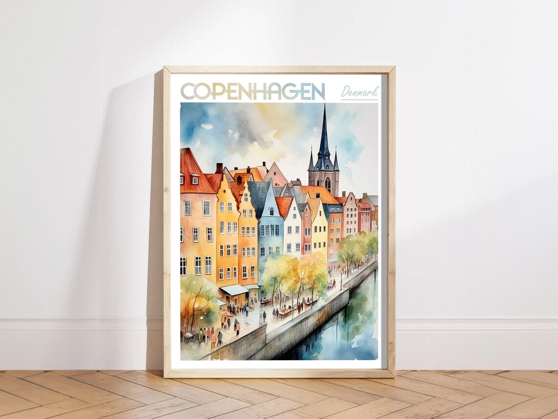 Copenhagen Denmark Colorful Canal Houses Church Spire Watercolor Travel Poster