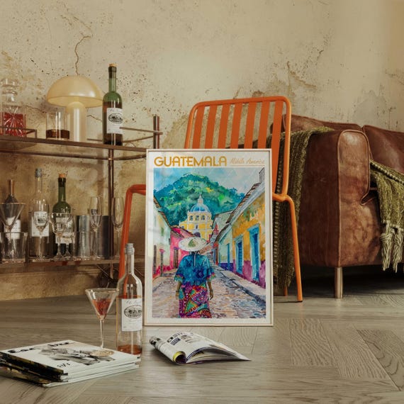 Guatemala Watercolor Travel Poster World Art Middle America Wall Town Decor Gift For Traveler