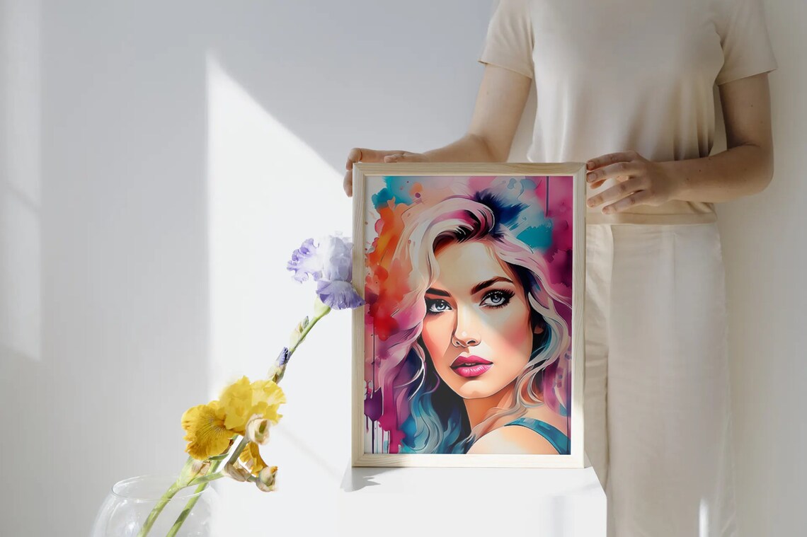 Blonde Woman Watercolor Portrait Colorful Modern Feminine Wall Art - Image 3