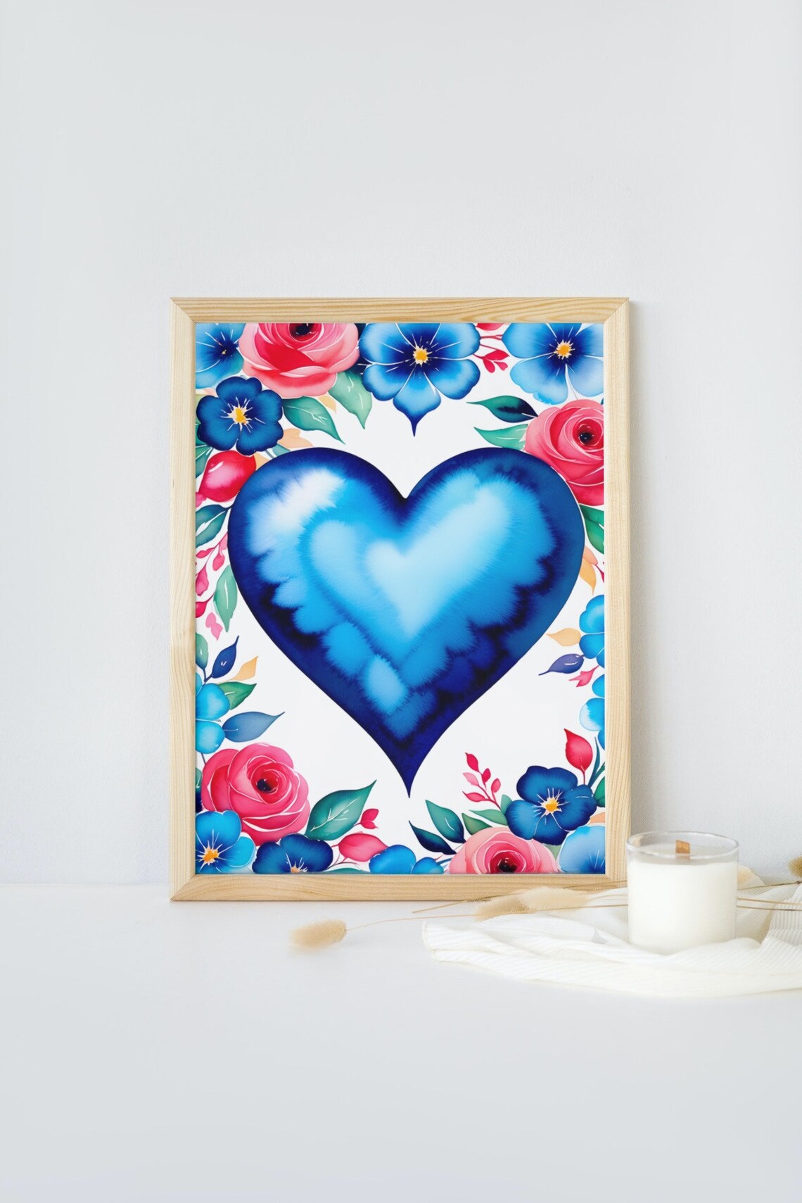 Blue Heart Watercolor Floral Border Love Art Valentine Wall Poster - Image 4