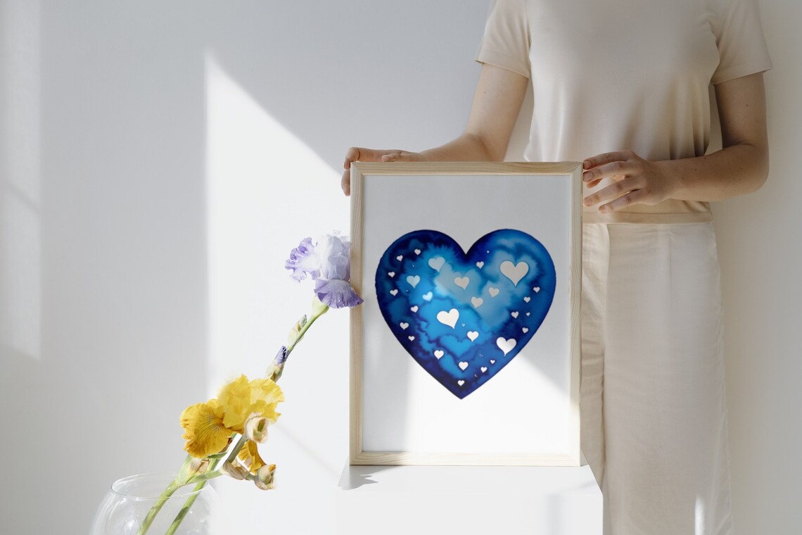 Blue Watercolor Heart Romantic Love Art Soft Watercolor Wall Poster - Image 3