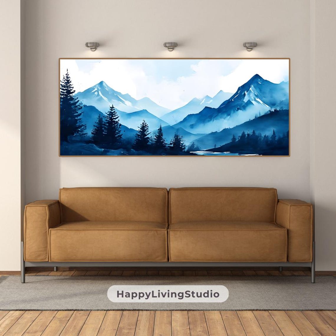 Monochrome Blue Mountains Watercolor Pine Forest Panorama Wall Poster - Image 2