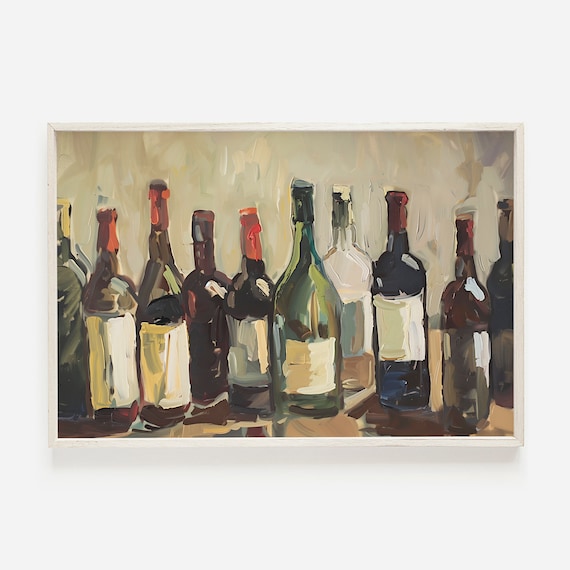 Tuscan Wine Bottle Row Rustic Oil Painting Vintage Wall Poster