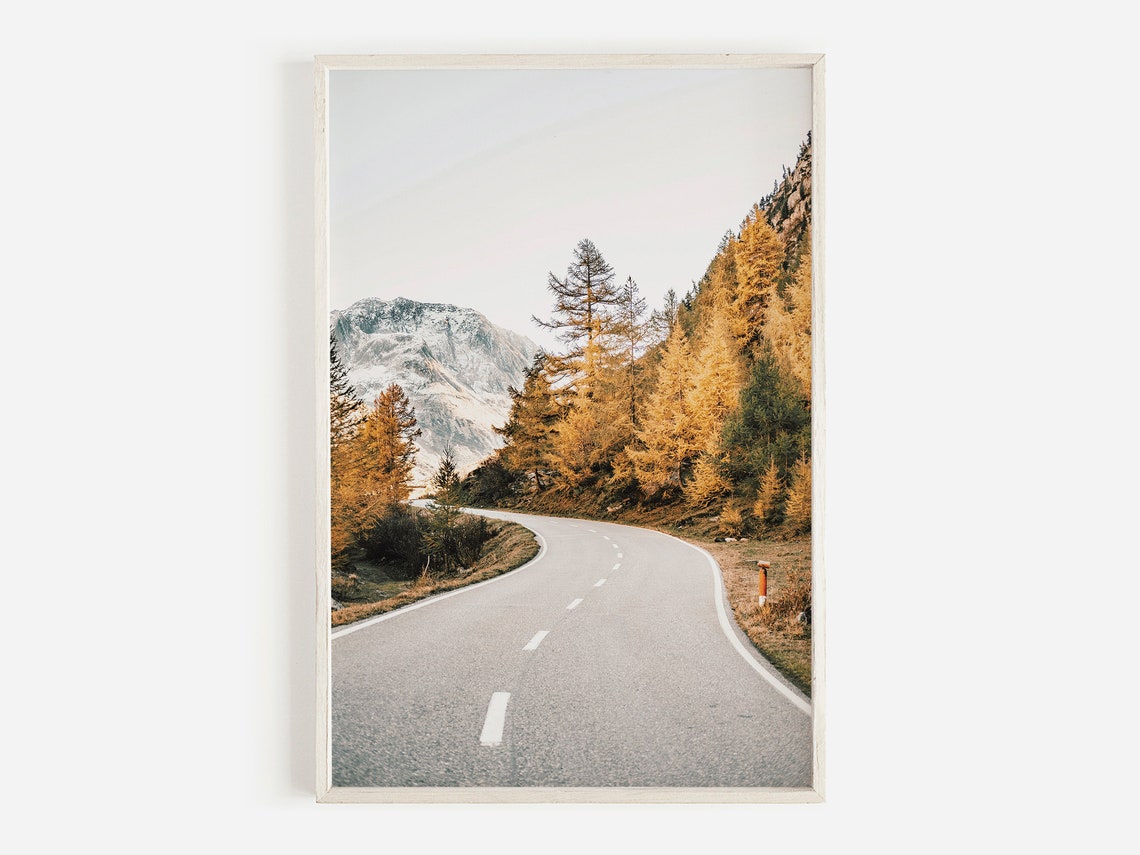 Winding Alpine Road Through Golden Autumn Larch Trees Poster