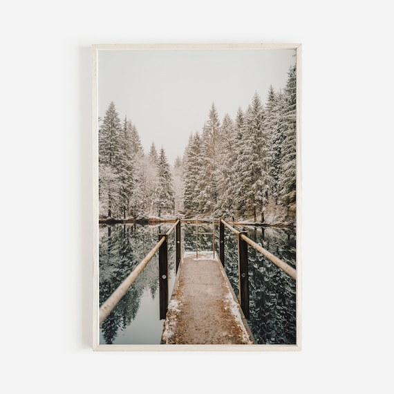 Snowy Wooden Dock Over Mirror Lake Winter Pine Forest Photograph Poster
