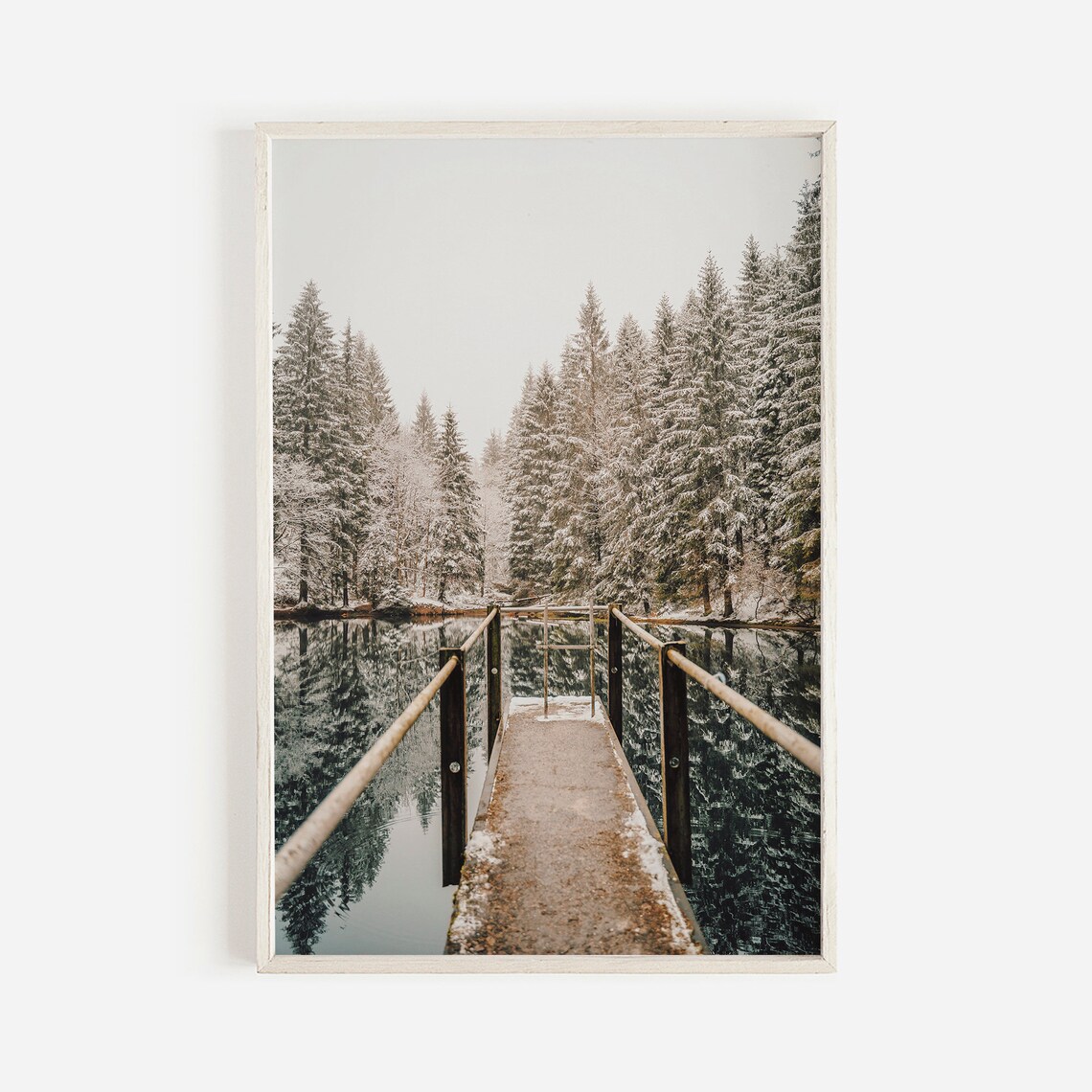 Snowy Wooden Dock Over Mirror Lake Winter Pine Forest Photograph Poster