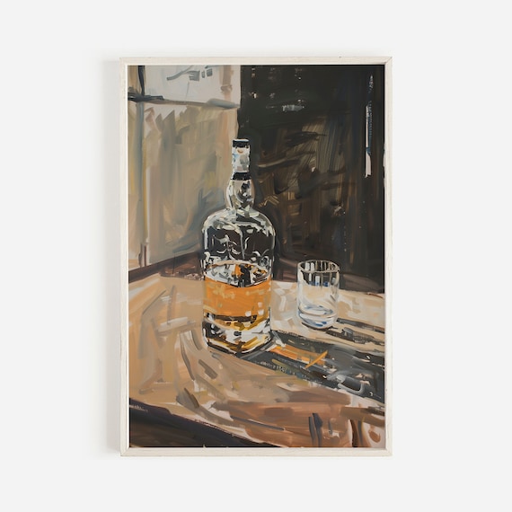Whiskey Bottle Glass Dramatic Moody Still Life Bar Cart Poster
