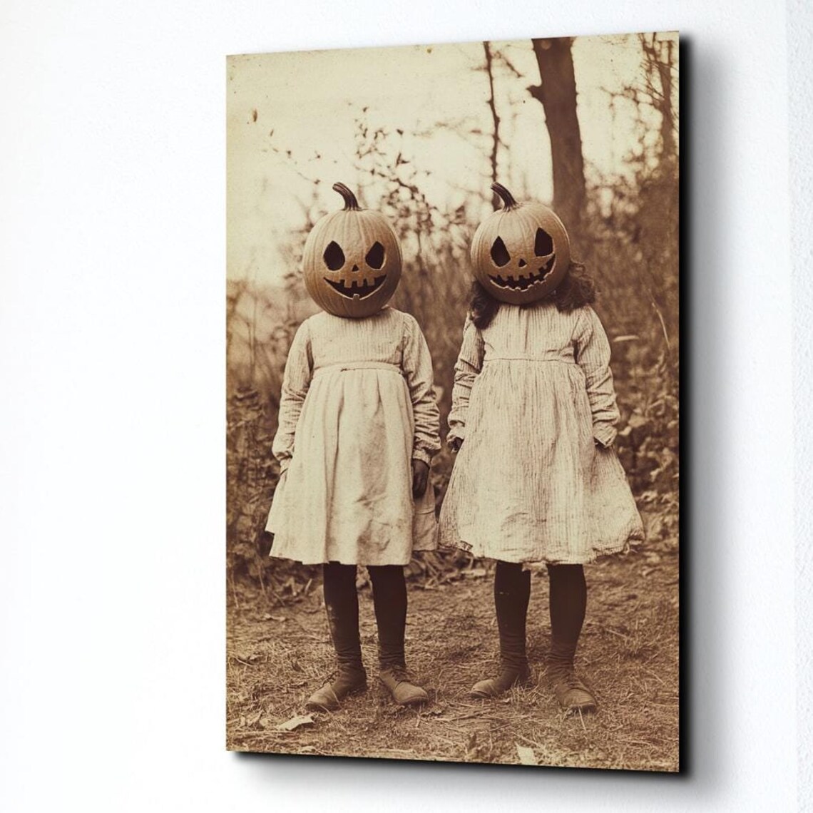 Sepia Pumpkin Head Children Vintage Halloween Creepy Photo Poster