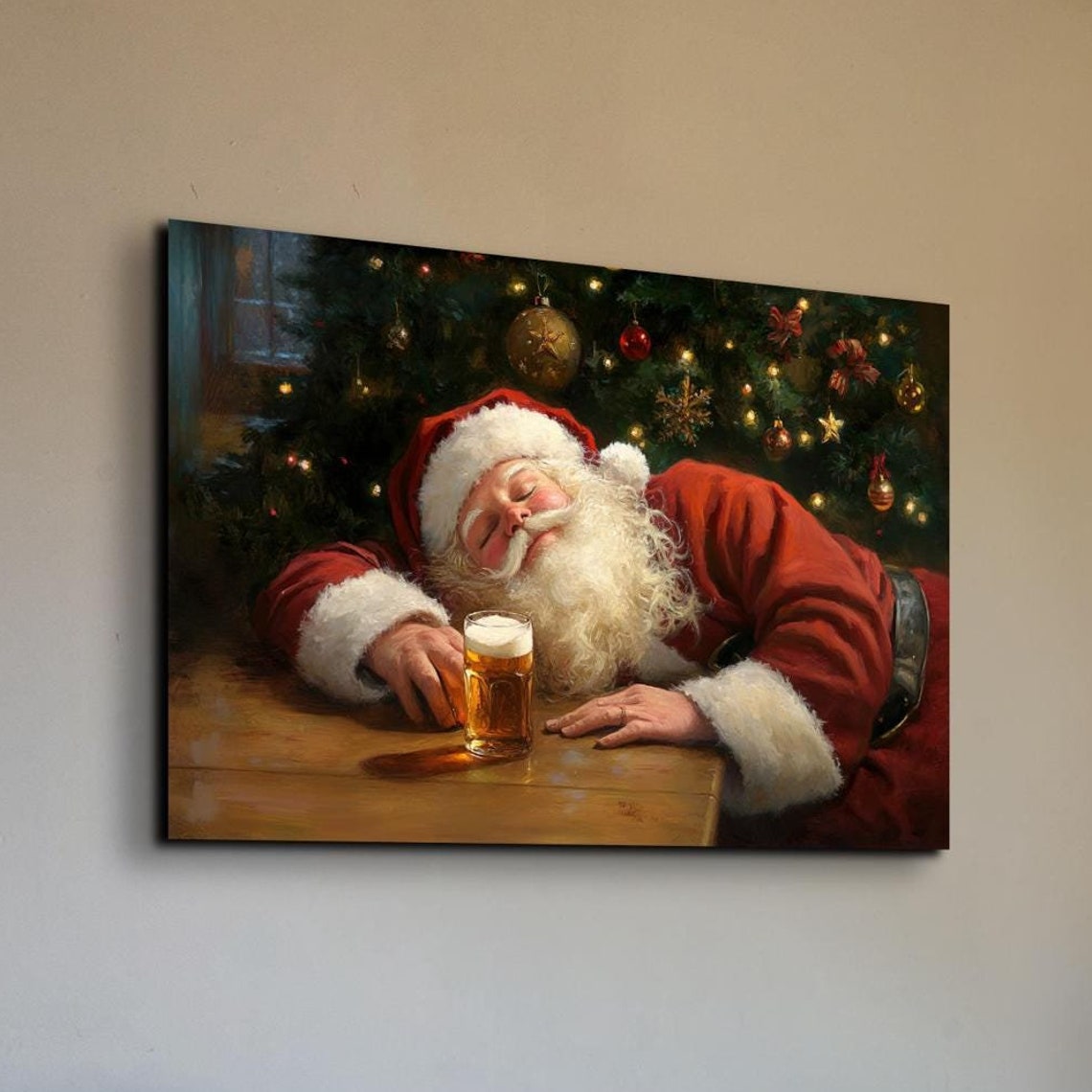 Santa Sleeping On Table Beside Beer Glass Christmas Night Poster