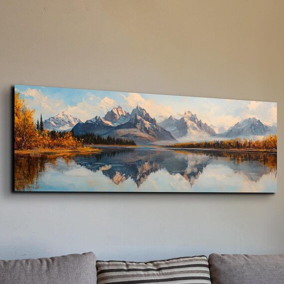 Snow Capped Peaks Autumn Lake Reflection Scenic Panoramic Poster