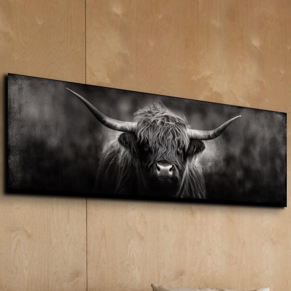 Highland Cow Portrait Black and White Panoramic Photo Poster