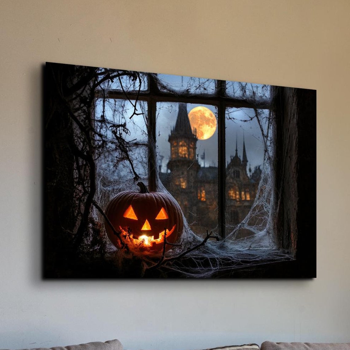Glowing Pumpkin on Old Window Ledge With Moonlit Castle Beyond Poster