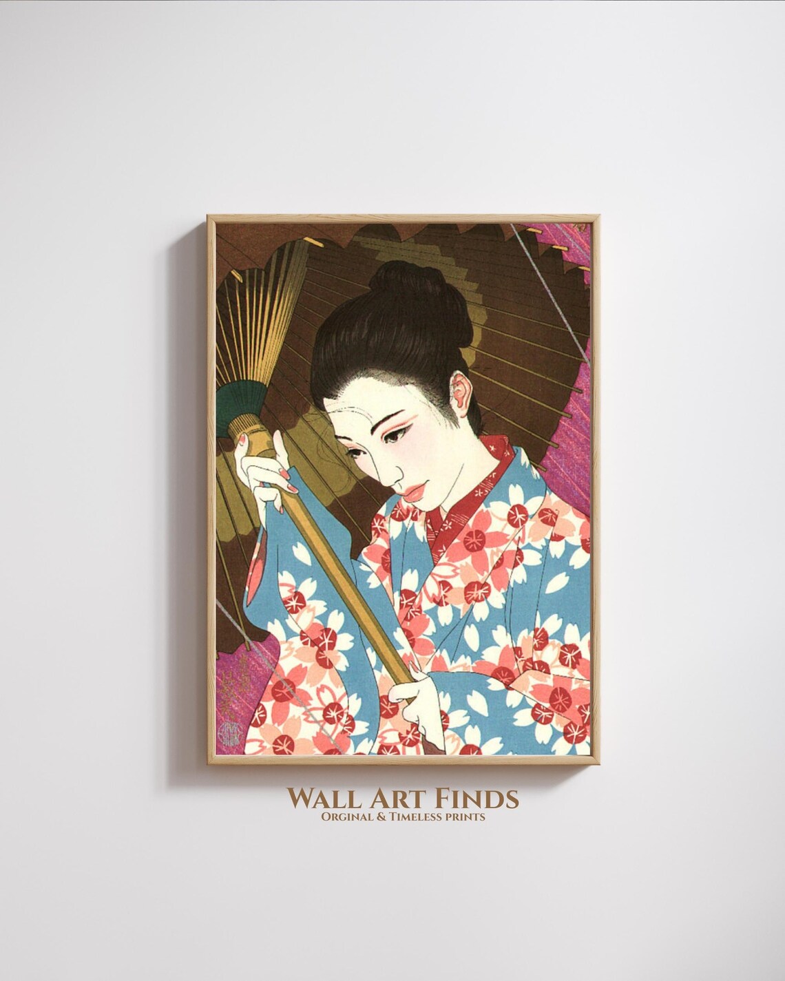 Japanese Woman with Umbrella in Floral Kimono Bijinga Poster