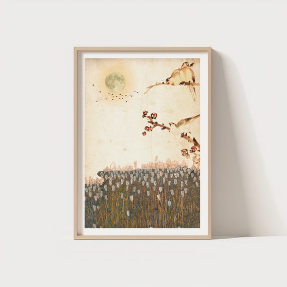 Moonlit Birds Wall Art Tranquil Nature Scene With Blossoms Full Moon Meadow Vintage Style Decor 300 Dpi