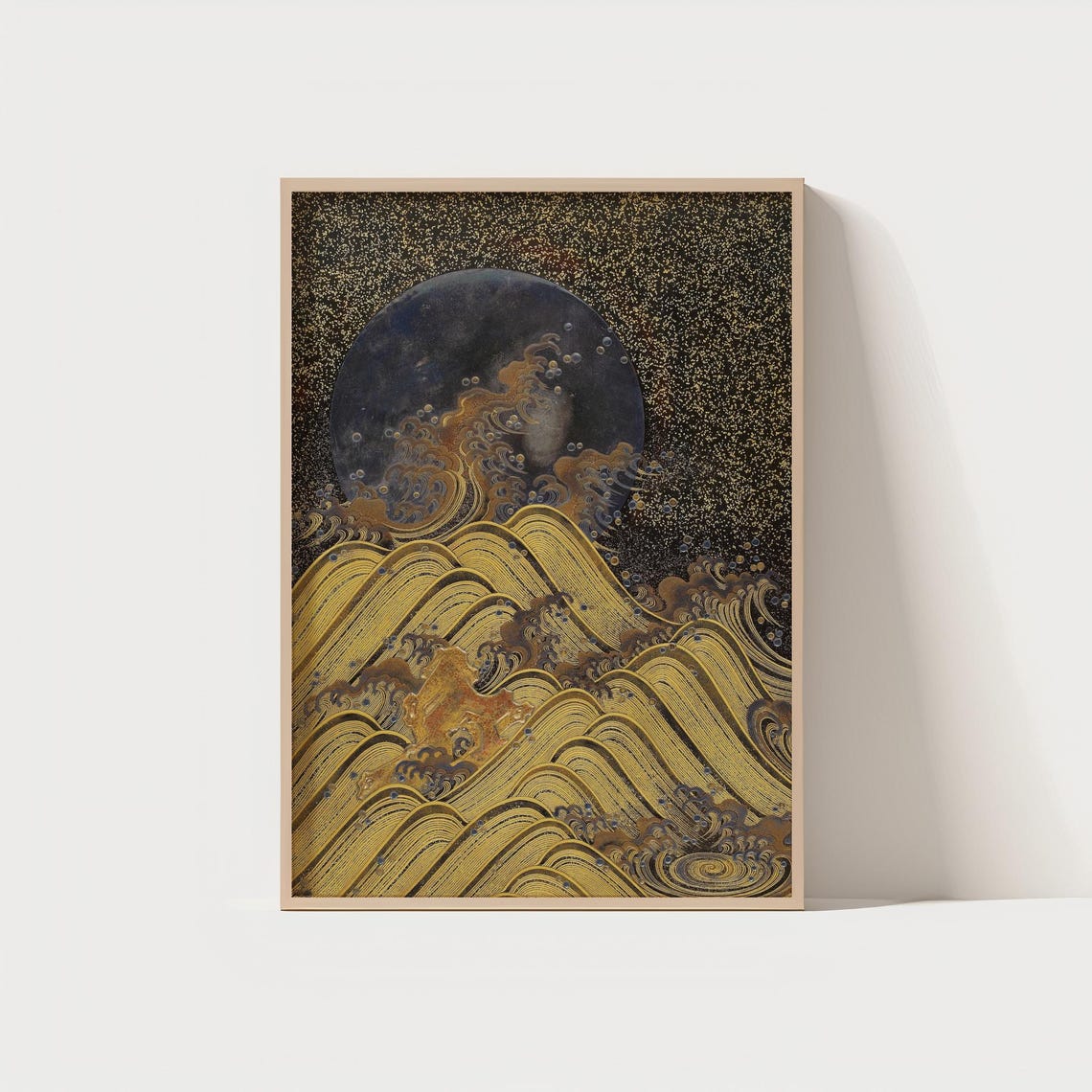 Japanese Golden Wave Moon Poster Antique Abstract Ocean Night Artwork