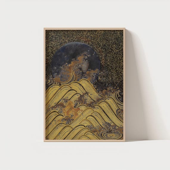 Golden Wavemoon Wall Art Japanese Style Abstract Sea Print Vintage Ocean For Zen Modern Decor 300 Dpi