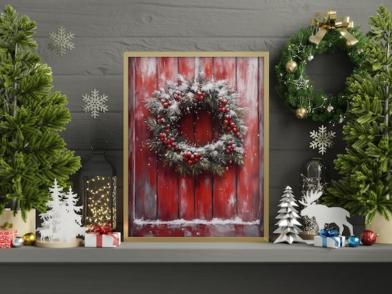 Snowy Christmas Wreath Red Barn Door Berry Holiday Art Poster
