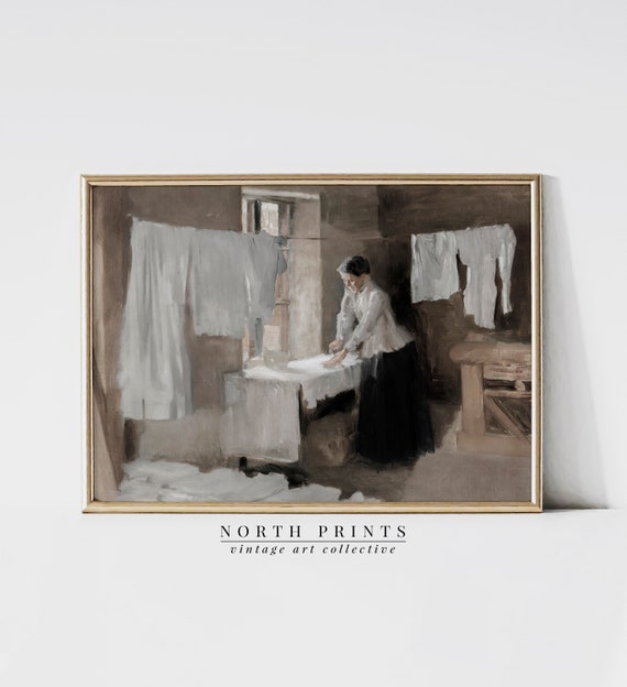 Laundry Room Wall Art Neutral Vintage Oil Painting Laundress Print 1255