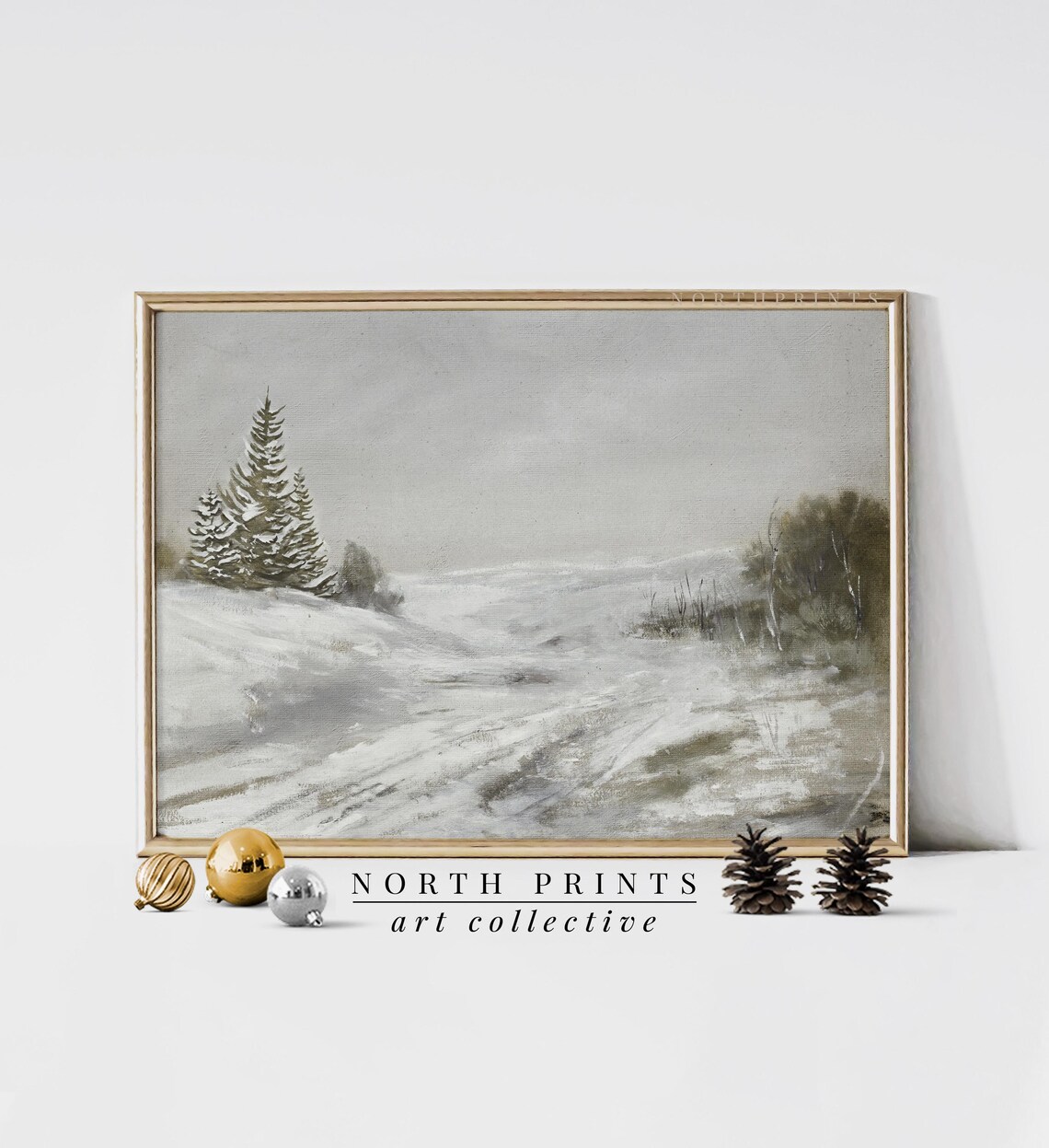 Muted Winter Country Landscape Snowy Path Pines Neutral Art Poster