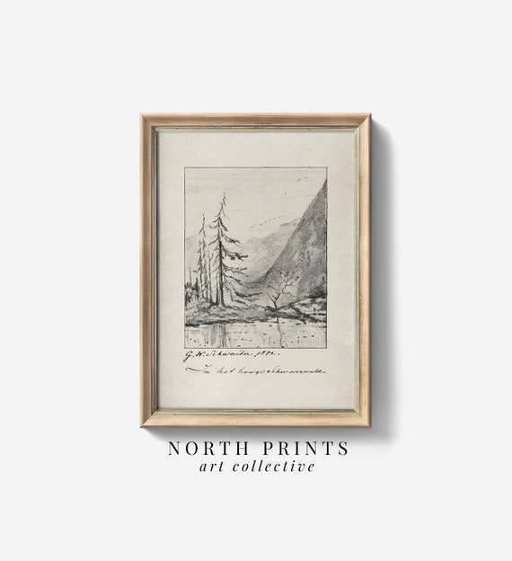 Rustic Neutral Lake Landscape Sketch Art Vintage Country Cabin Decor Print North Prints Sk 319