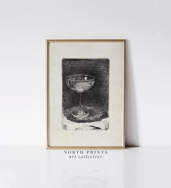Antique Champagne Coupe Etching Vintage Cocktail Glass Bar Moody Art Print