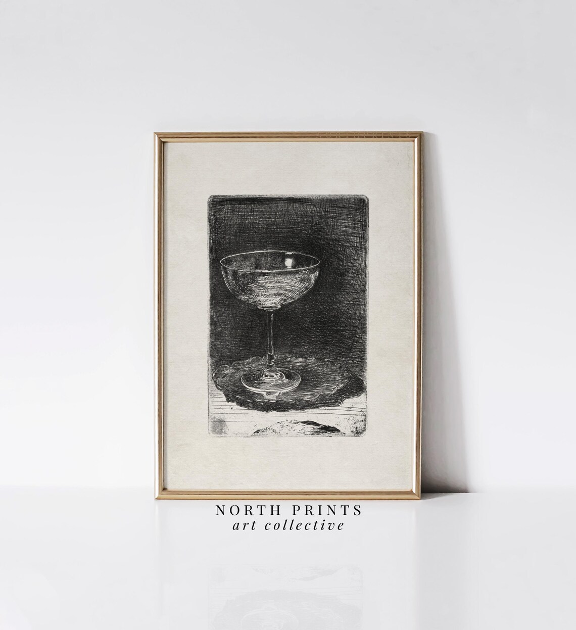 Antique Champagne Coupe Etching Vintage Cocktail Glass Bar Moody Art Print