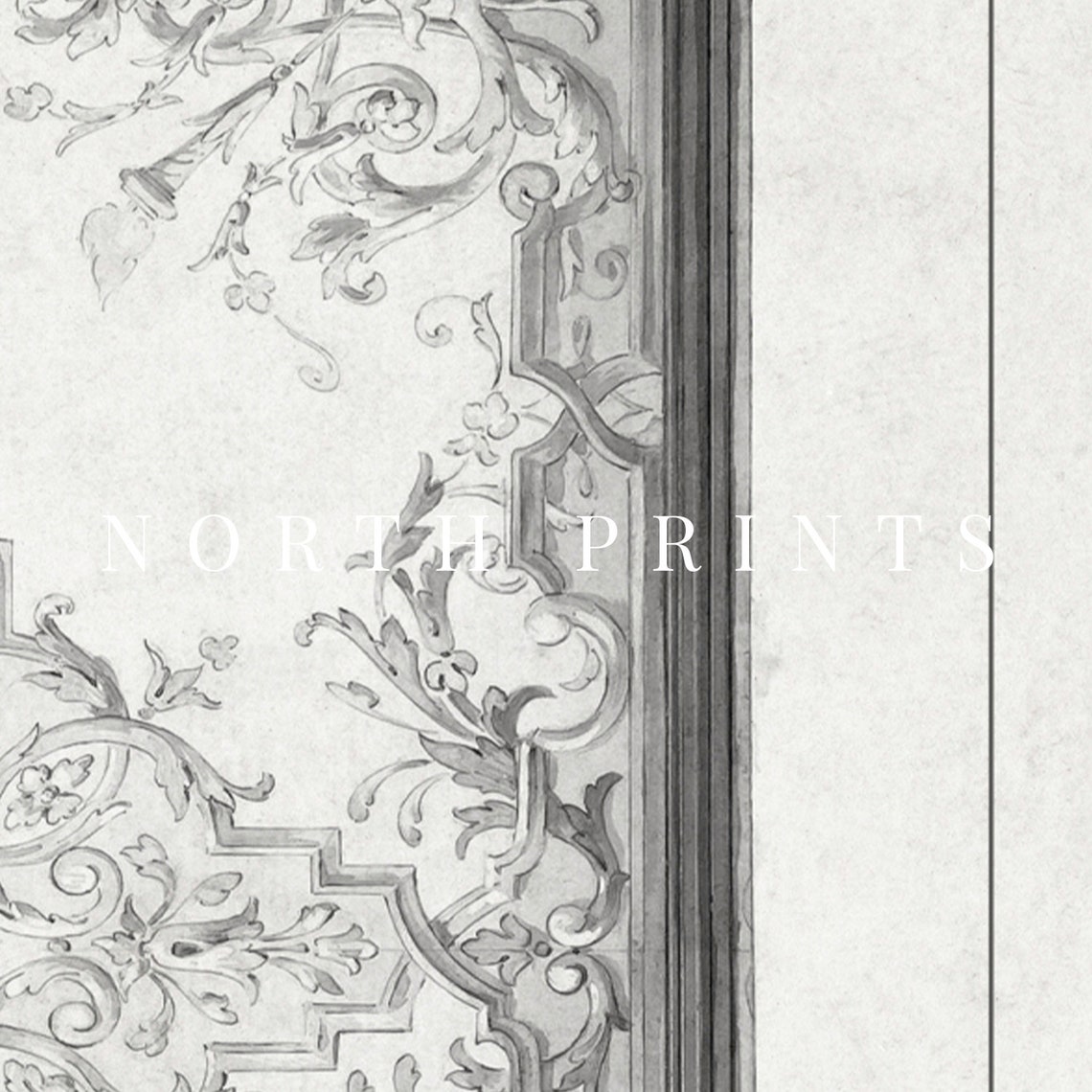 Baroque Scrollwork Ornament Antique Black White Panel Drawing Print - Image 2
