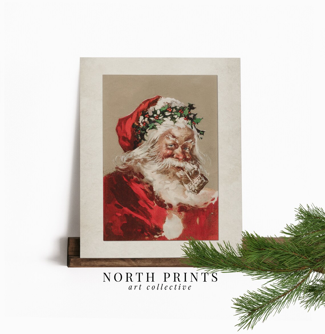 Retro Santa Claus Portrait Holly Wreath Pipe Vintage Christmas Poster