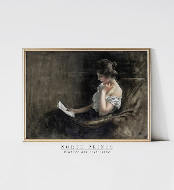 Moody Woman Reading Book Vintage Oil Painting Dark Antique Literary Print