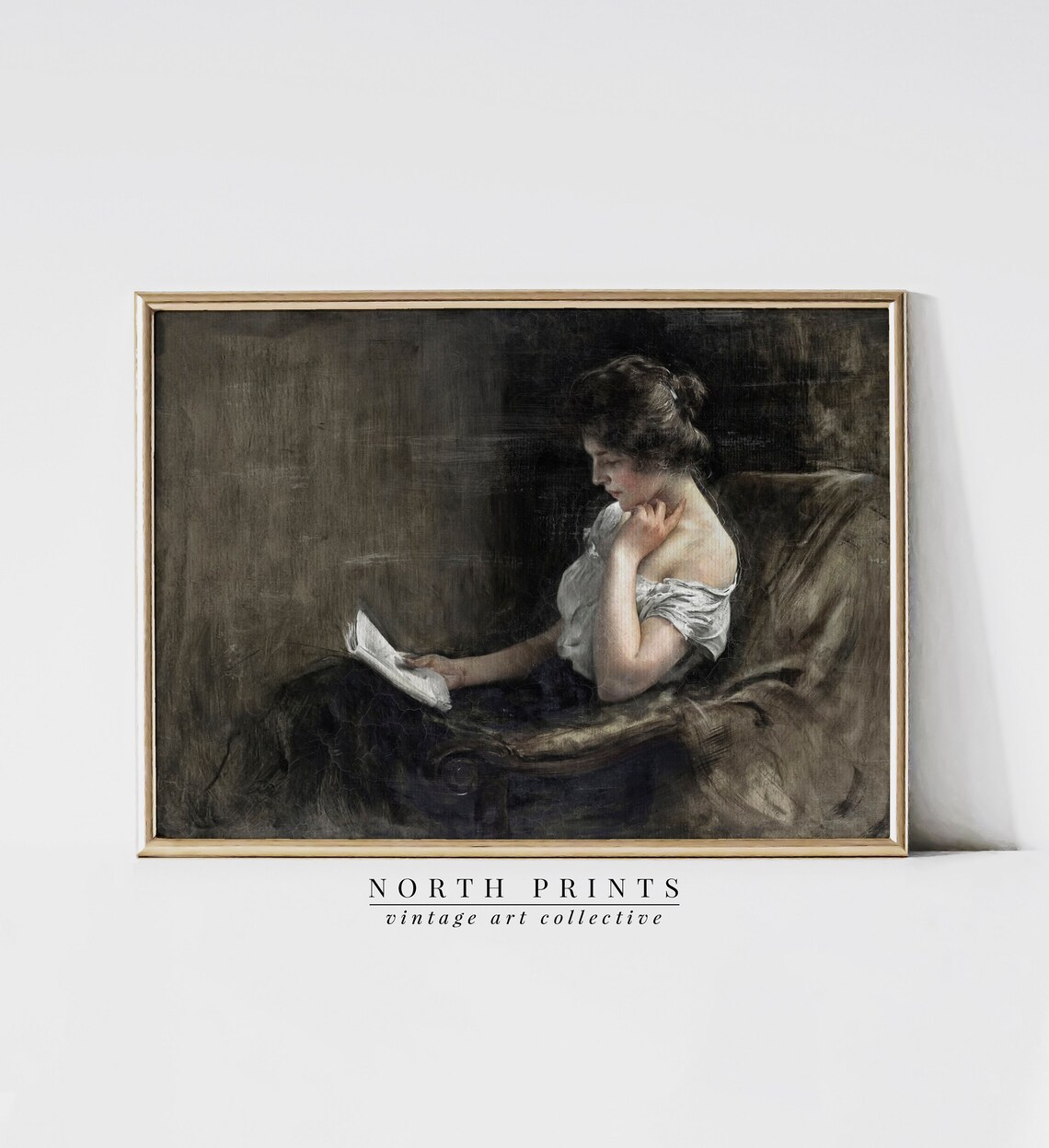 Moody Woman Reading Book Vintage Oil Painting Dark Antique Literary Print
