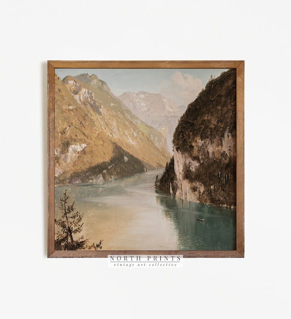 Vintage Lake House Mountain Landscape Art Print