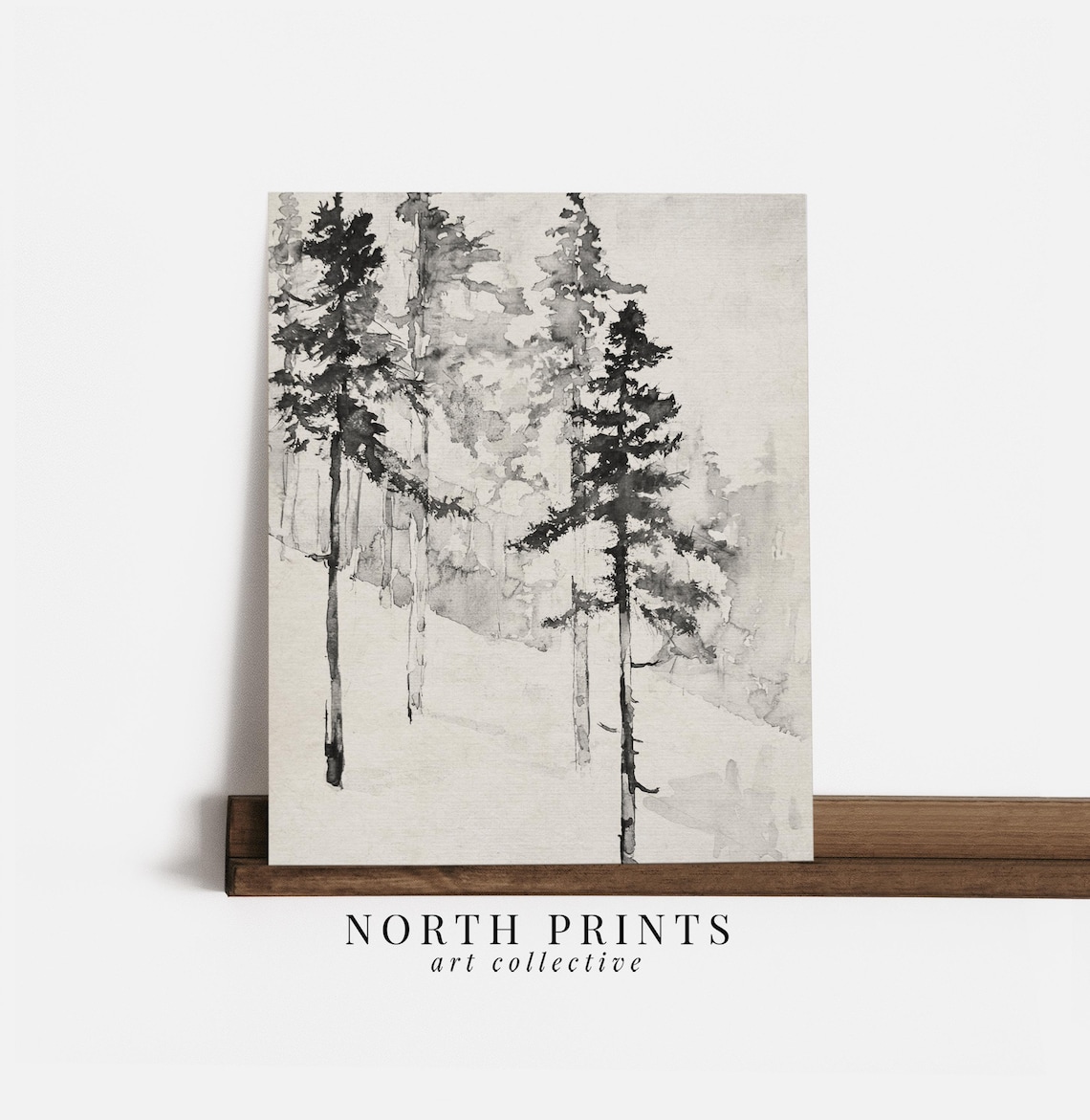 Neutral Winter Pine Tree Sketch, Minimalist Art Print