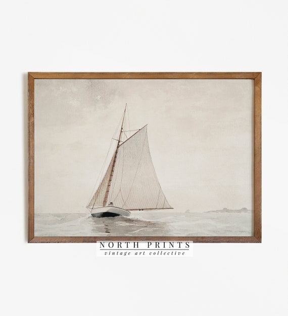 Muted Sailboat Watercolor Art Print, Neutral Lake House Decor