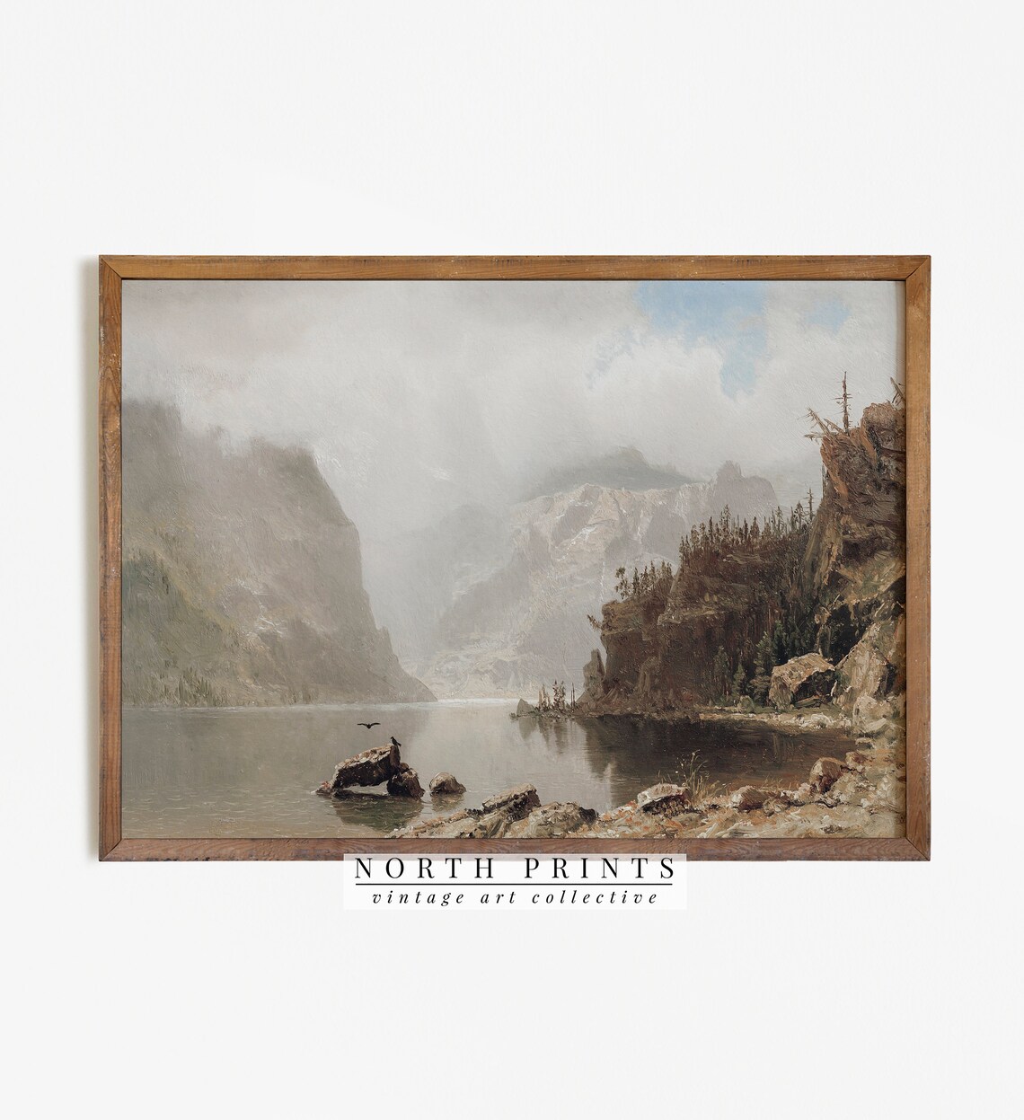 Rustic Lake Painting Vintage Print, Mountain Scenery