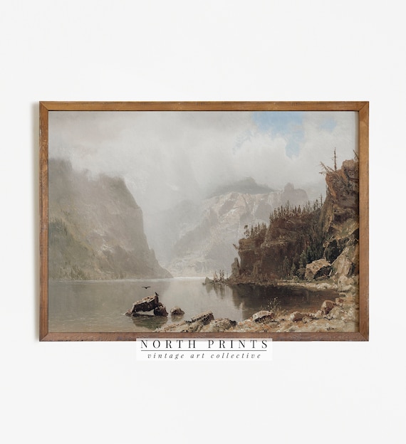 Rustic Lake Painting Vintage Print, Mountain Scenery