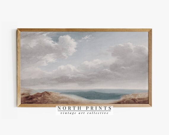 Moody Cloud Study Beach Shore Vintage Painting Neutral Coastal Wall Decor Poster