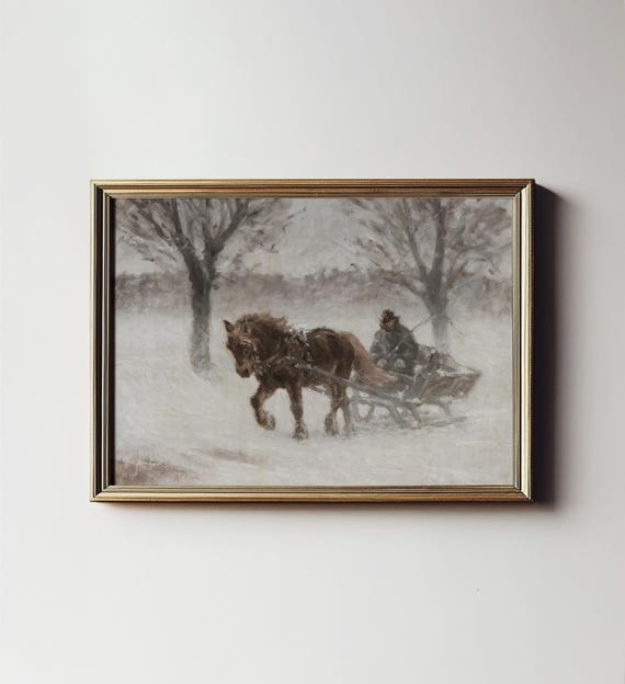 Country Winter Sleigh Ride Vintage Holiday Art Print
