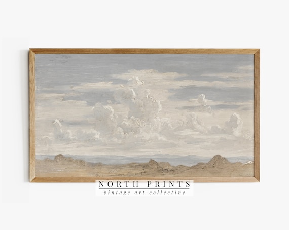 Neutral Cloudy Landscape Painting, Modern Farmhouse Art Print