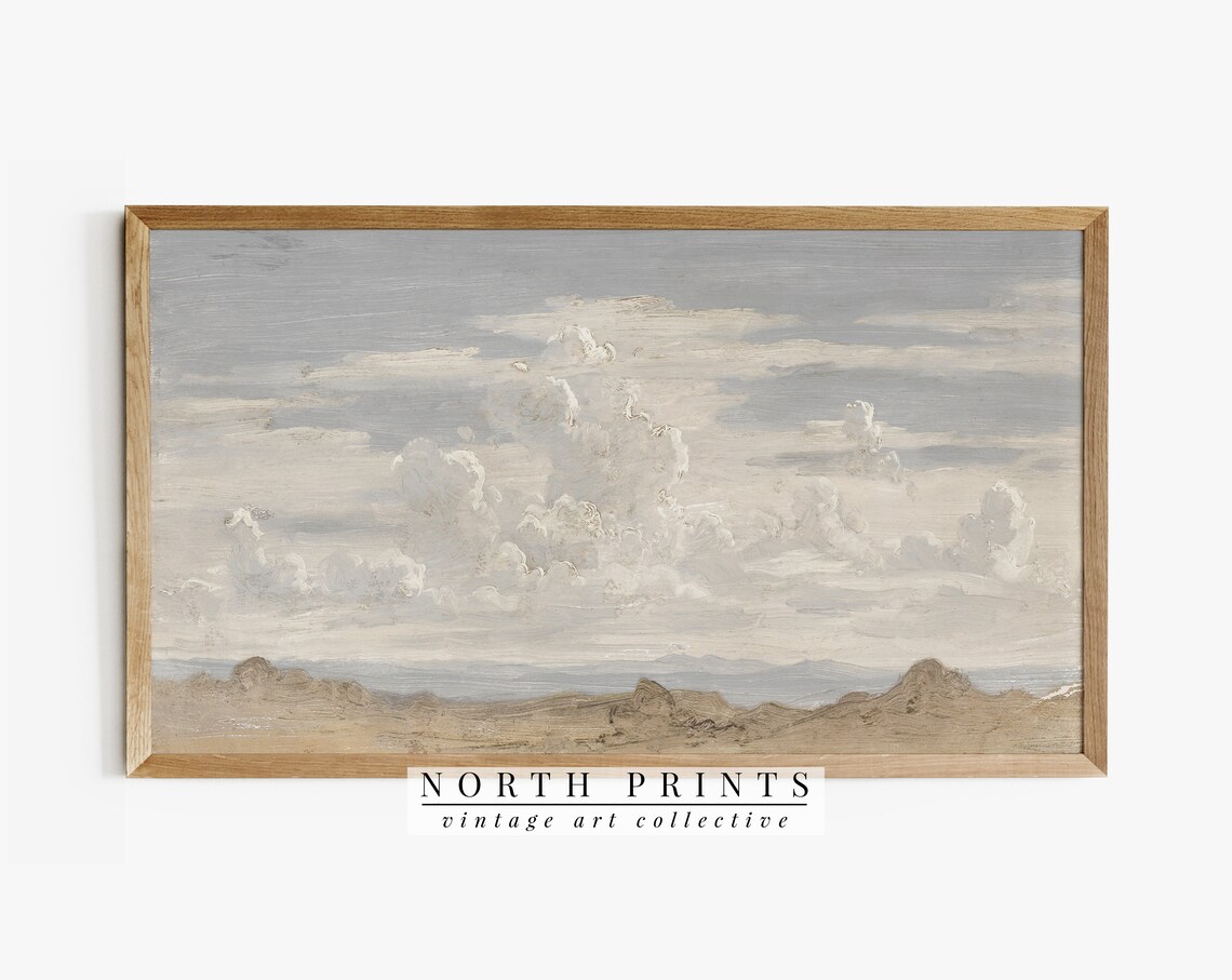 Neutral Cloudy Landscape Painting, Modern Farmhouse Art Print