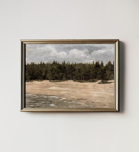 Moody Pine Forest Edge Sandy Shore Water Vintage Landscape Painting Wall Print