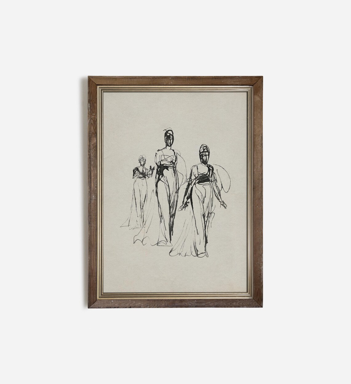 Vintage Fashion Figure Sketch Three Women Gowns Ink Drawing Neutral Wall Poster - Image 3