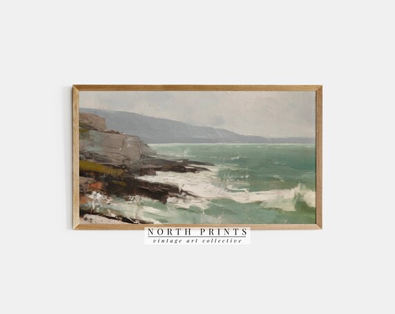 Rocky Cliff Turquoise Ocean Waves Vintage Coastal Painting Rustic Seaside Poster