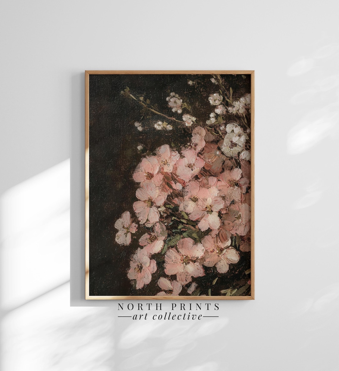 Blush Pink Blossom Bouquet Dark Moody Floral Oil Painting Art Print - Image 2