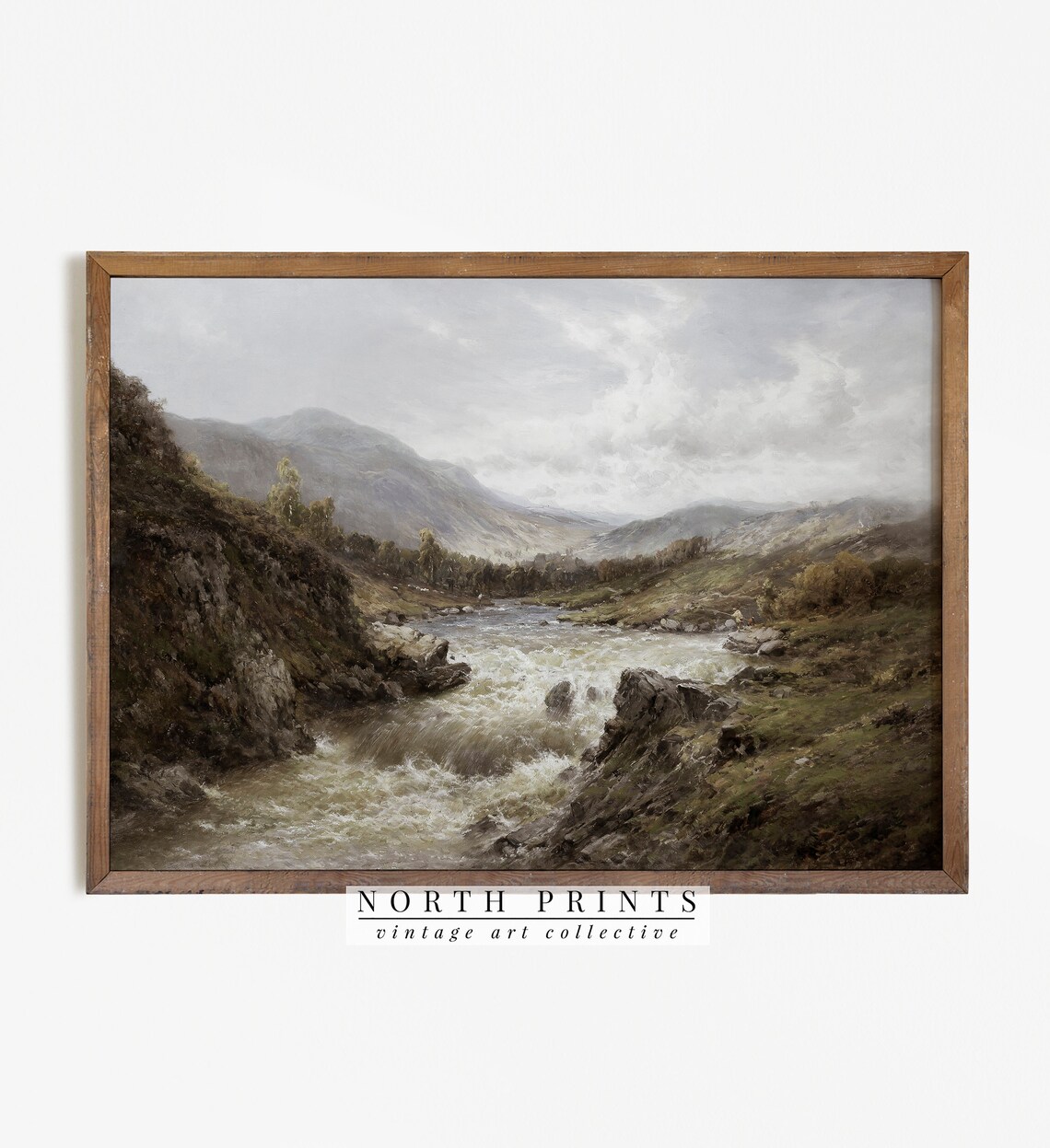 Rustic River Landscape Vintage Mountains Art Print