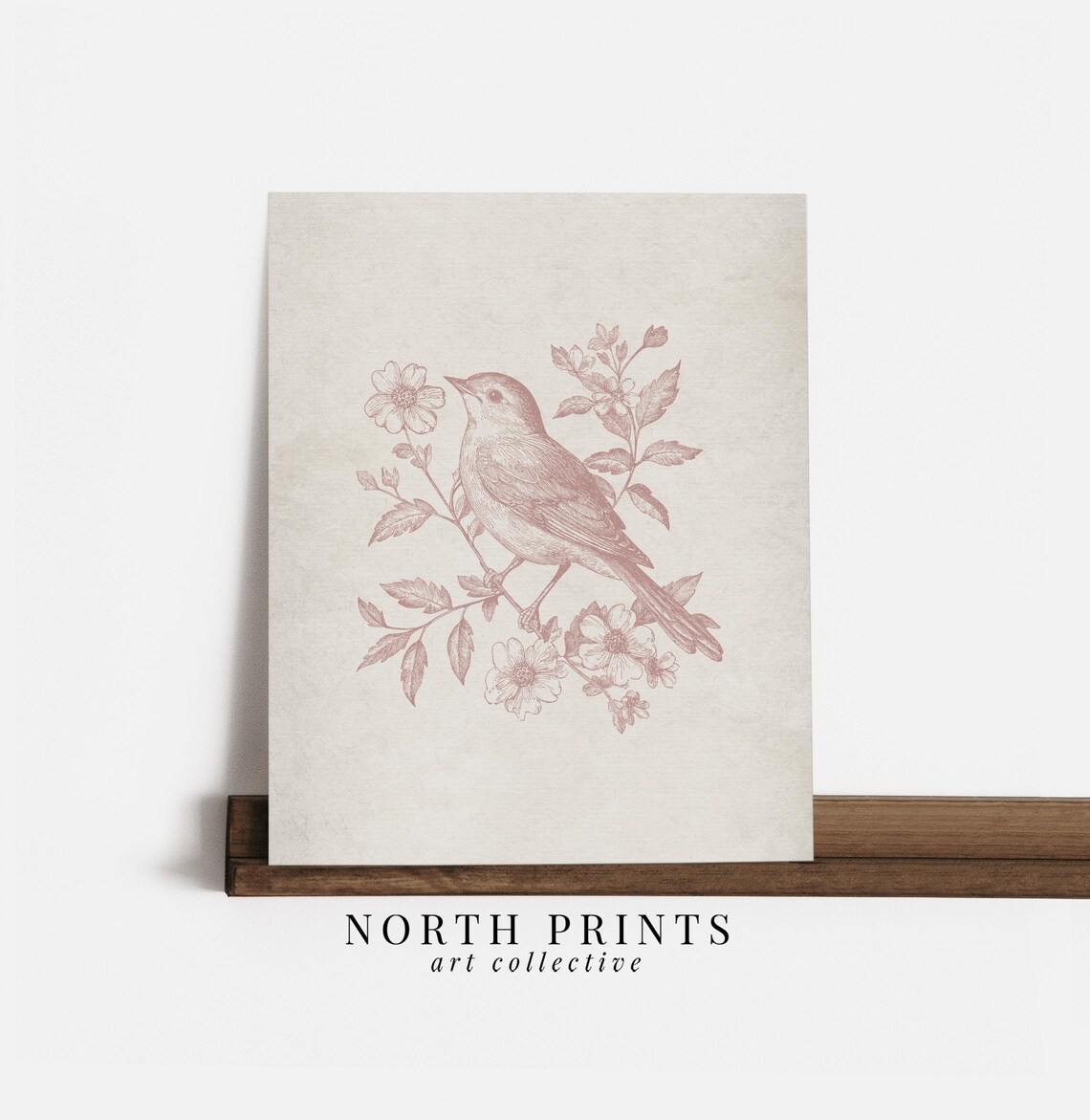 Pink Antique Bird Illustration Floral Branch Nursery Room Poster - Image 2