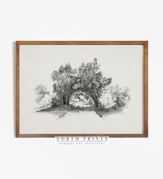 Vintage Cottage Antique Landscape Sketch Art Print