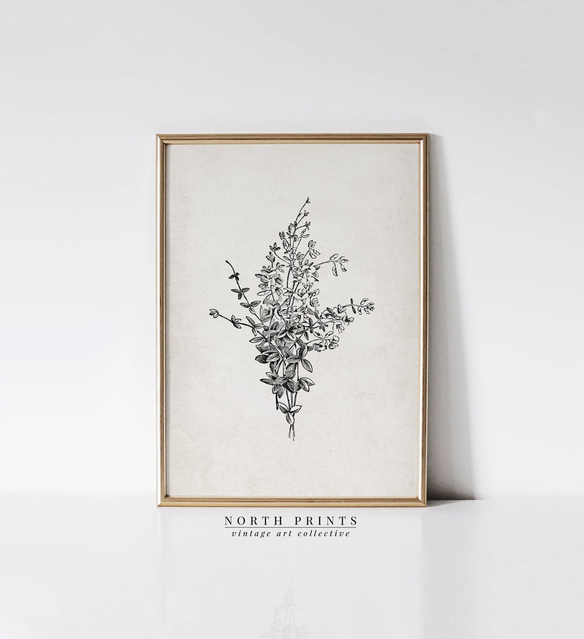 Black White Botanical Line Drawing Leafy Bouquet Vintage Wall Art